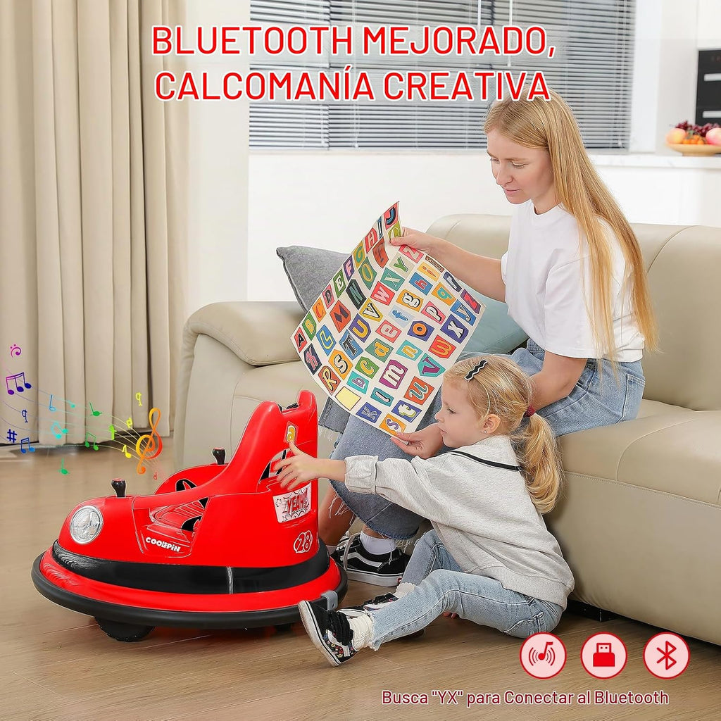Coche chocón para niños, 3.1 km/h máx, coche eléctrico de 12 V para niños pequeños, coche de choque con giro de 360° y música, 5 modos de iluminación, calcomanías DIY, coche de montar con