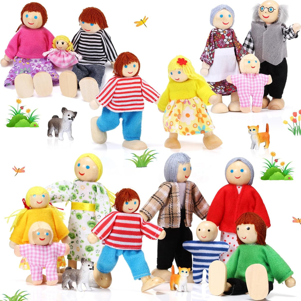 Juego de 20 piezas de casa de muñecas de madera, 16 mini figuras de personas, 4 mascotas, tradición