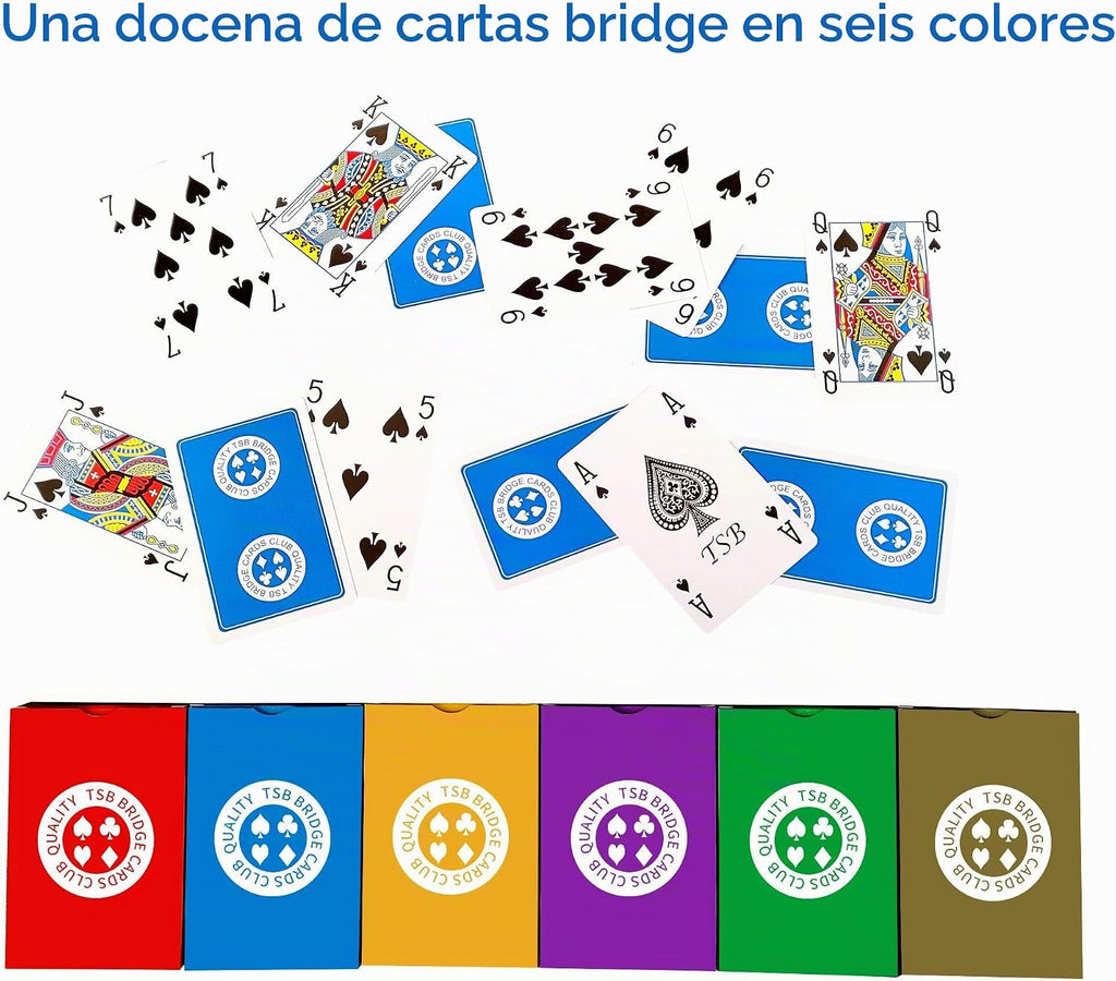 TSB Paquete de 12 cartas de puente de impresión estándar, 6 colores, fácil almacenamiento (2 rojas, 2, azules, 2, moradas, 2, grises, 2 verdes, 2 amarillas, regulares)