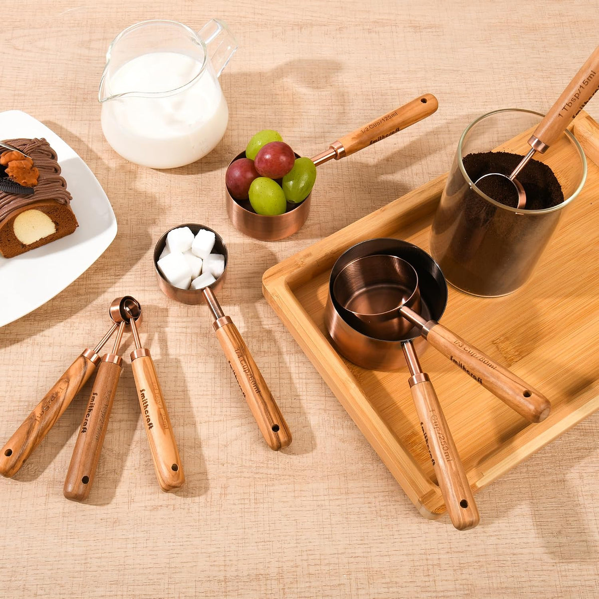 Juego de 8 tazas y cucharas medidoras de cobre con mango de madera de calidad, taza y cuchara medidora de acero inoxidable con equivalentes de medida para cocina y hornear, con 1/4, 1/3, 1