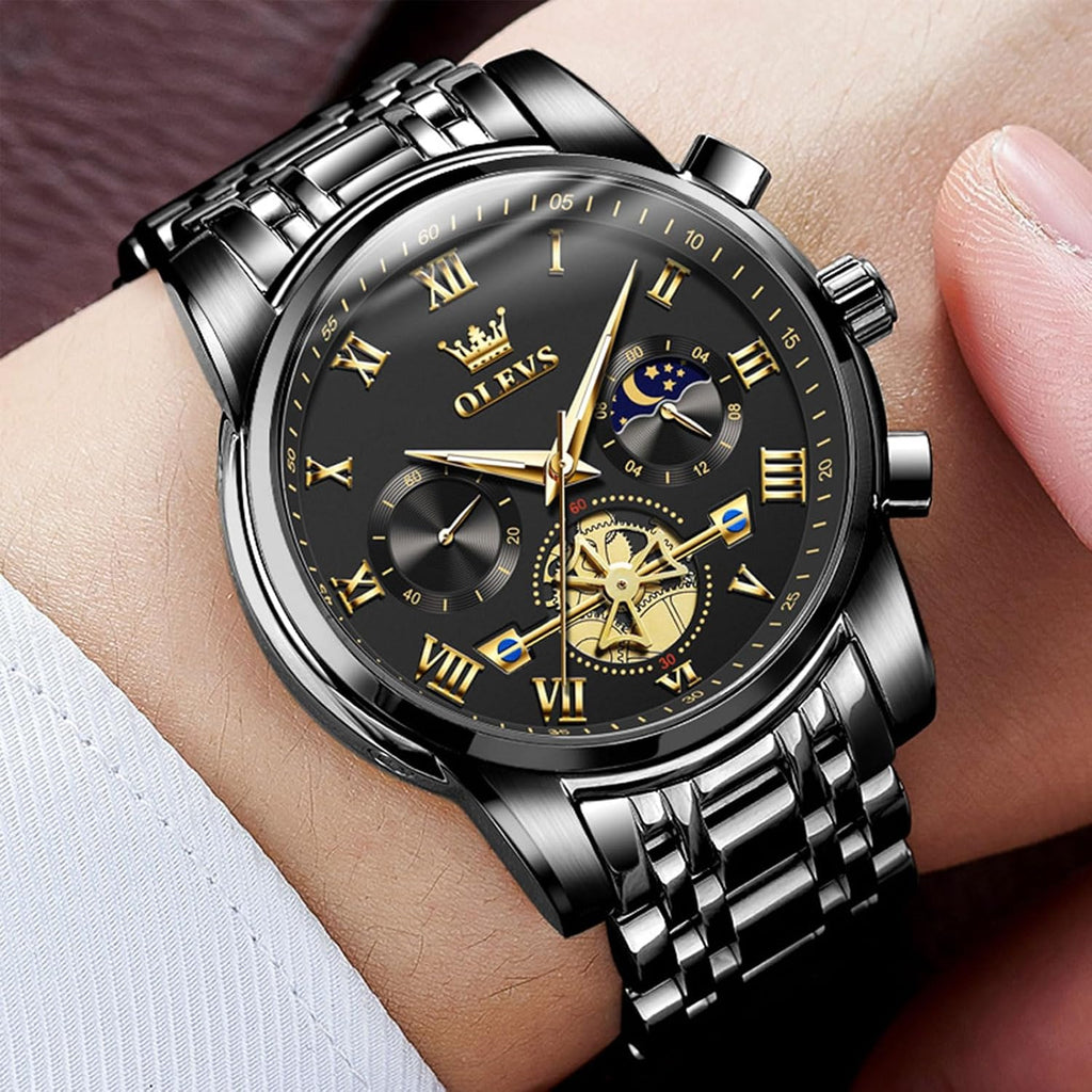 OLEVS Relojes para hombre, resistente al agua, de lujo, gran cara, reloj analógico de cuarzo de acero inoxidable, relojes de vestir analógicos para hombre, luminoso, multifuncional, reloj de hombre