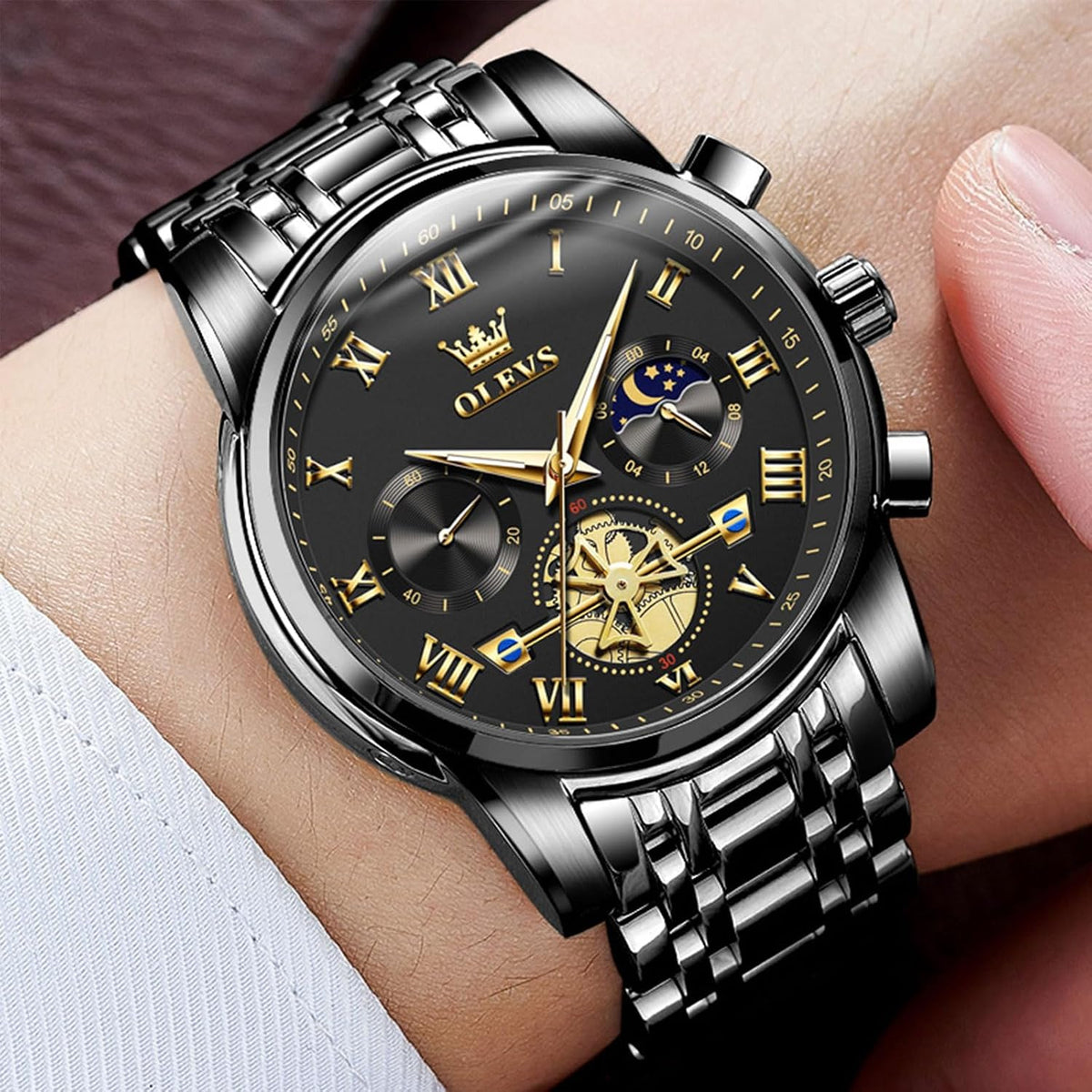 OLEVS Relojes para hombre, resistente al agua, de lujo, gran cara, reloj analógico de cuarzo de acero inoxidable, relojes de vestir analógicos para hombre, luminoso, multifuncional, reloj de hombre