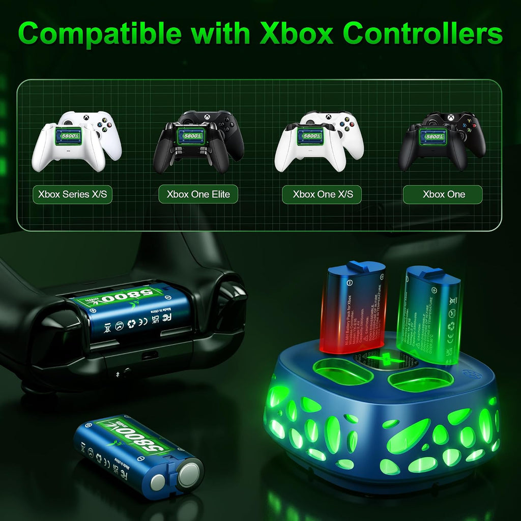 Feirsh Batería Recargable para Xbox con Cargador, 4x5800mWh Baterías Recargables para Controlador Xbox para Xbox One Series X|S, One S/X, Incluye Estuches y Almacenamiento para Xbox One