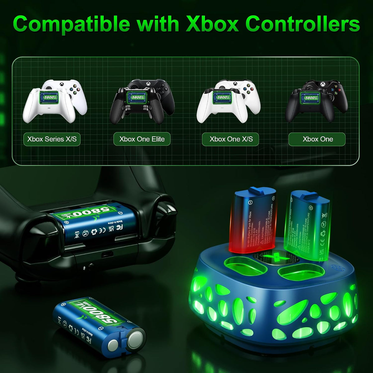 Feirsh Batería Recargable para Xbox con Cargador, 4x5800mWh Baterías Recargables para Controlador Xbox para Xbox One Series X|S, One S/X, Incluye Estuches y Almacenamiento para Xbox One