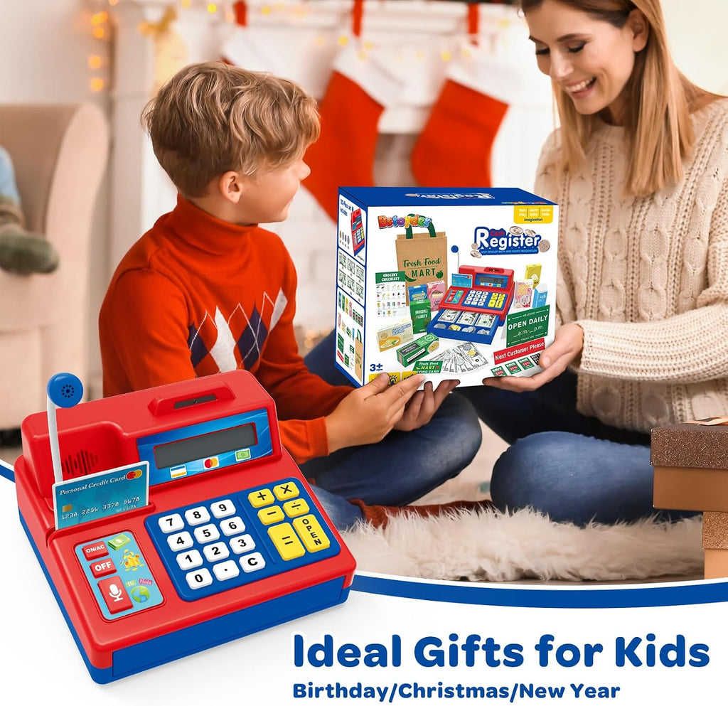 Calculadora de caja registradora de juguete de regalo para niños de 3, 4, 5, 6, 7, 8+ años, juego de 120 piezas de tienda de comestibles con micrófono, cajas de comestibles, tarjeta de crédito, caja registradora roja para niños pequeños de 4 a 8 años
