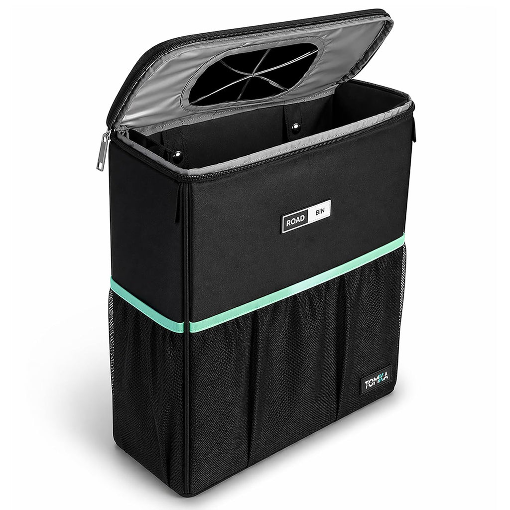 RoadBin - Cubo de basura para automóvil con tapa, delgado de 4 pulgadas y 2.5 galones, para asiento trasero, se mantiene vertical, a prueba de fugas y sellado de olores para camiones, SUV y camionetas