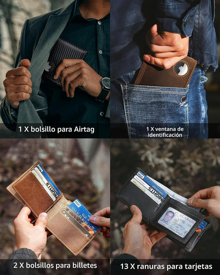 Billetera para hombre con soporte para AirTag, de cuero bifold con...
