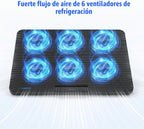 Almohadilla de enfriamiento para laptop, enfriador de laptop con 6 ventiladores silenciosos para portátiles de 12 a 17 pulgadas, soporte estable, 7 altura y velocidad del viento ajustable, 2 puertos USB y soporte para teléfono (negro)