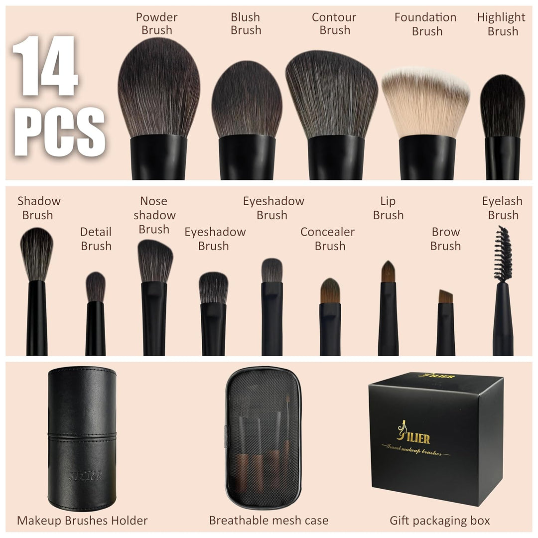 Jilier Juego de brochas de maquillaje de viaje, 14 piezas de mini b...