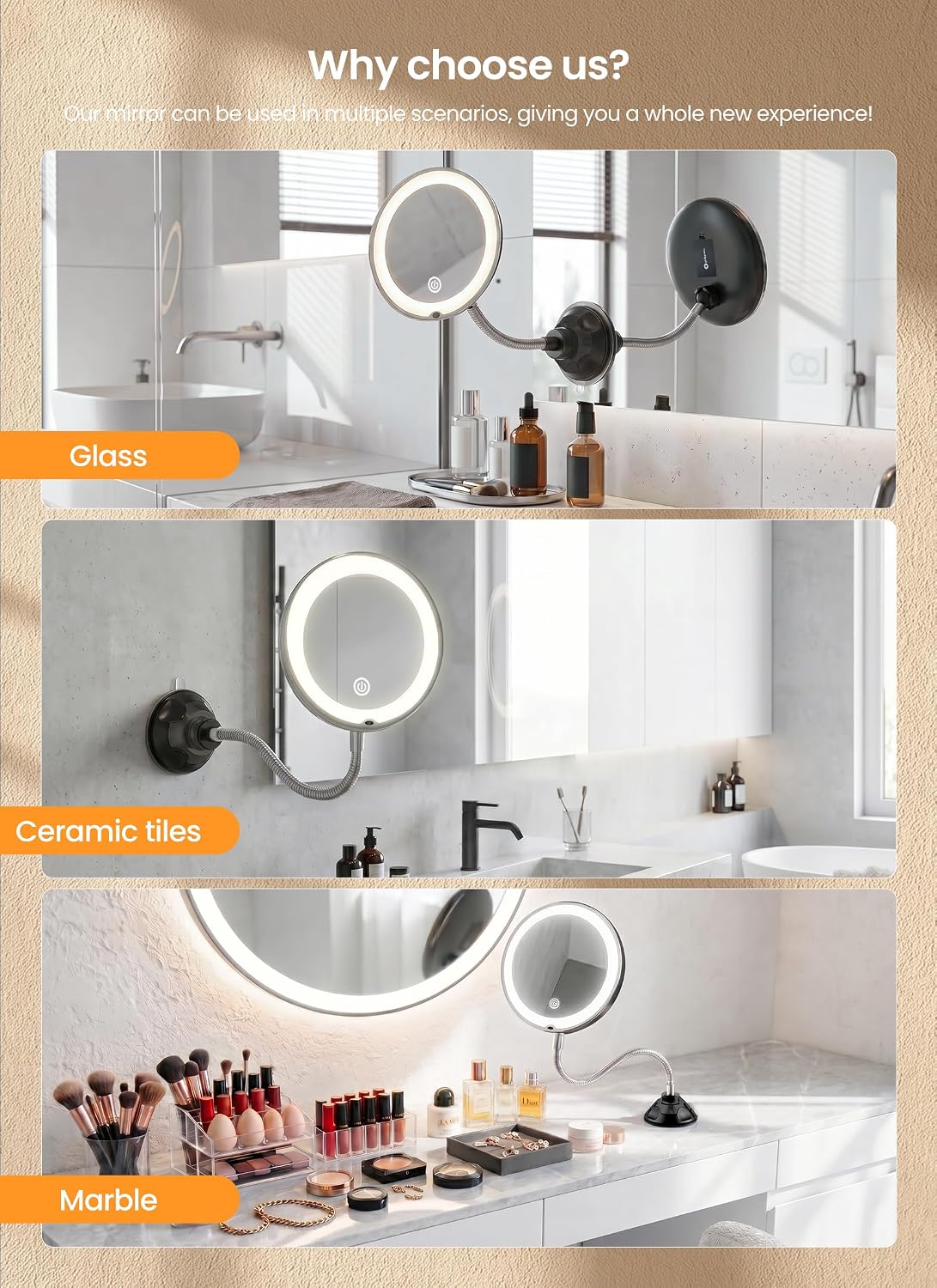 10 espejos de maquillaje con luces, espejo de aumento flexible
