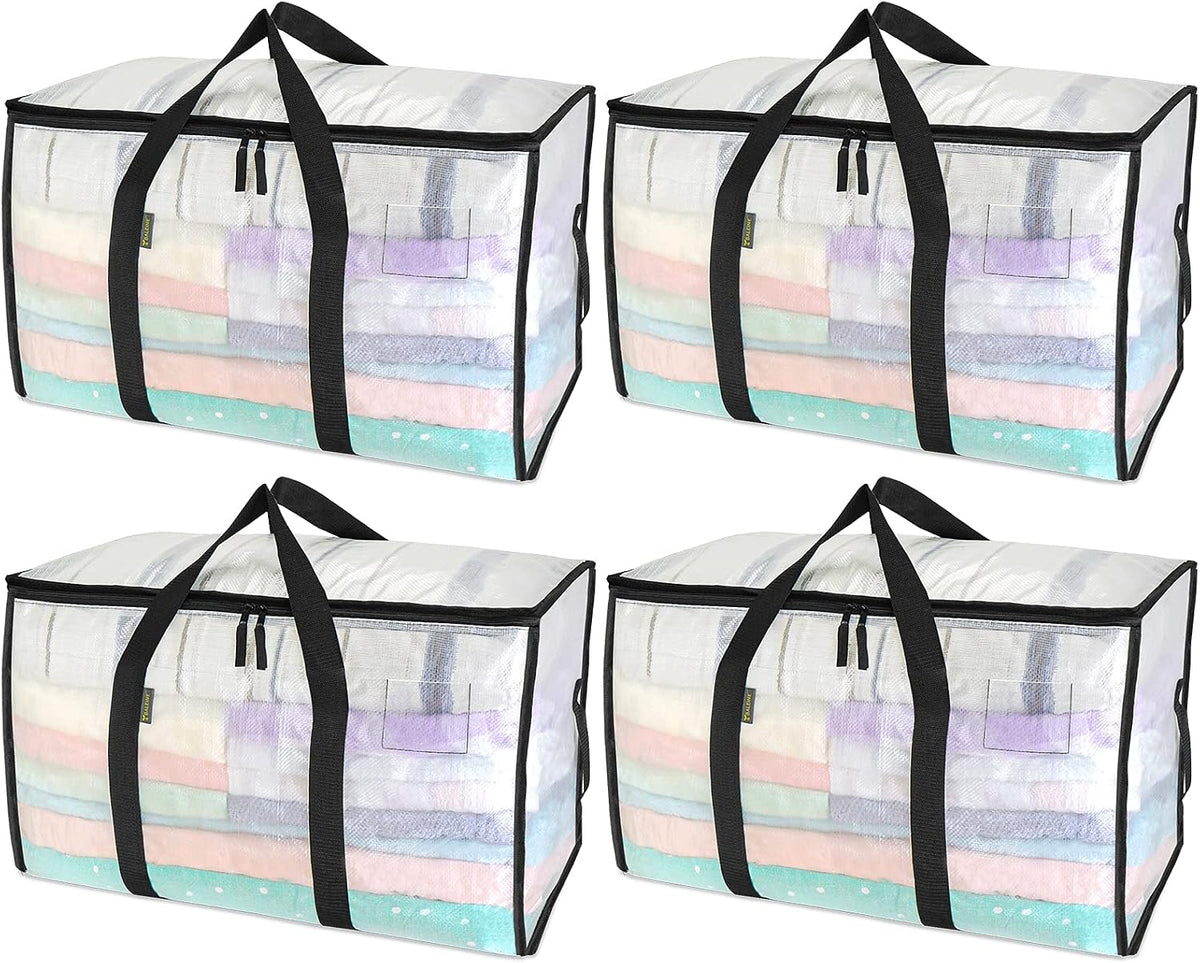 BALEINE Paquete de 4 bolsas de mudanza de gran tamaño con asas reforzadas, bolsa de almacenamiento resistente para ropa, suministros de mudanza (transparente, paquete de 4)