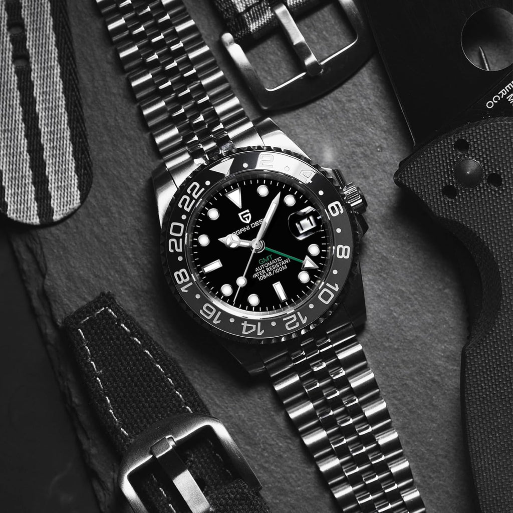 Reloj Pagani Design GMT para hombre, reloj automático de 1.575 pulgadas (40 mm), fecha, 100M resistente al agua, acero inoxidable, cristal de zafiro, reloj mecánico de pulsera PD-1662