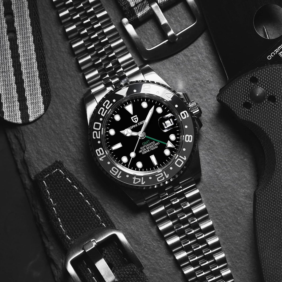 Reloj Pagani Design GMT para hombre, reloj automático de 1.575 pulgadas (40 mm), fecha, 100M resistente al agua, acero inoxidable, cristal de zafiro, reloj mecánico de pulsera PD-1662