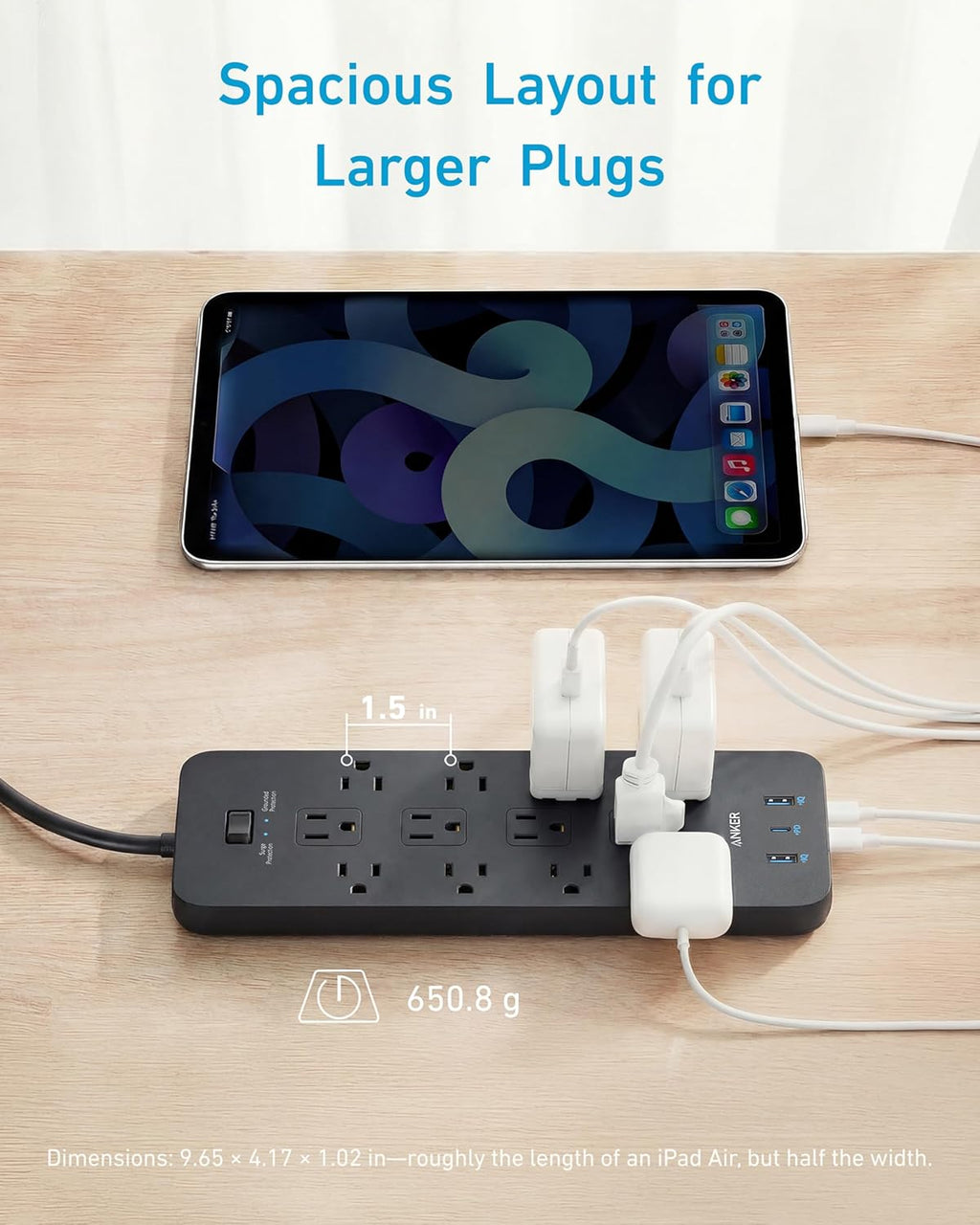 Anker Power Strip con 2100J Surge Protector, Outlet Extender, 20W, 12 AC