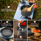 THTYBROS Kit de utensilios de cocina para acampar de 17 piezas, olla de 0.45 galones, sartén de 7 pulgadas, juego de hervidor de 0.30 galones con 2 juegos de tazas, platos, tenedores, cuchillos y