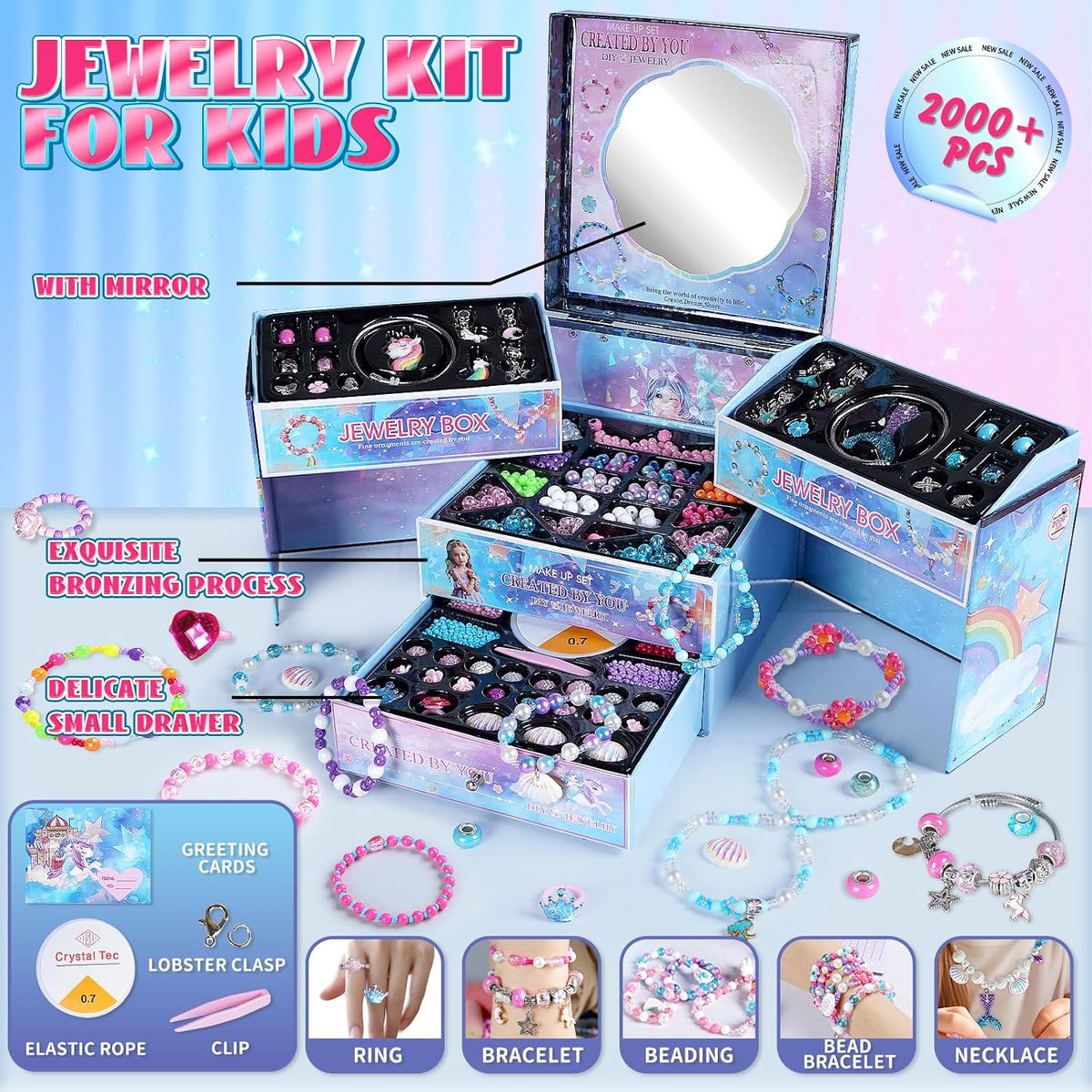 FUNSENLY Kit de 2000 piezas de abalorios para hacer pulseras para niñas, kit de fabricación de joyas para niñas de 4-6, 8-12, artes y manualidades, juguetes para niñas de 4 a 8 y 8 a 12 años