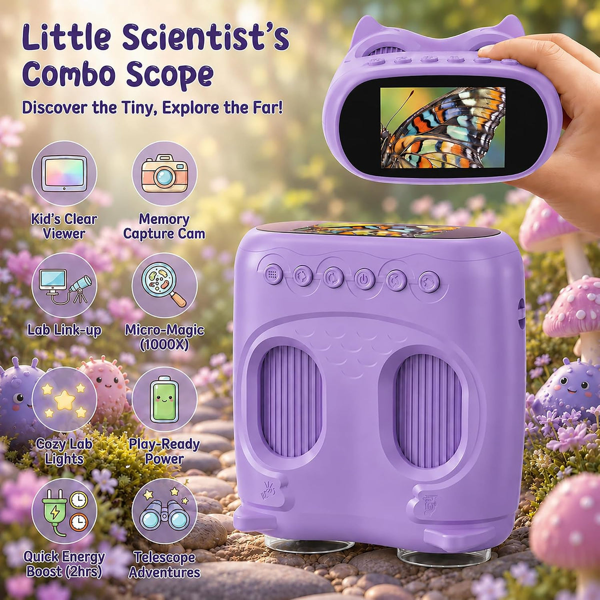 Microscopio y telescopio 2 en 1 para niños, microscopio digital de mano 1000X para niños, pantalla de 2.0 pulgadas, 8 LED, telescopio de bolsillo 10X para exteriores, cámara 1080P, juguetes