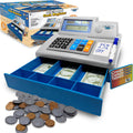 Calculadora solar con cajita registradora de juguete y dinero de juego – Set de 67 piezas para aprender habilidades de matemáticas, caja registradora STEM para niños (gris)