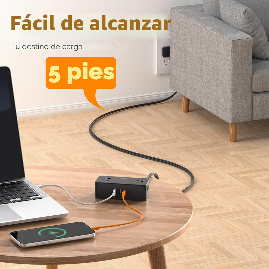 TESSAN - Cable de extensión de 5 pies, regleta de alimentación con protección contra sobretensiones 900J, color negro