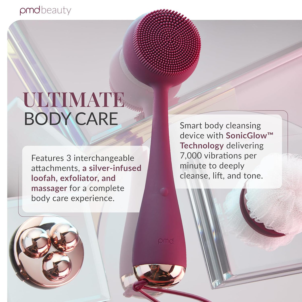 PMD Beauty Clean Body - Dispositivo Eléctrico Inteligente de Limpieza con Cepillo de Silicona y Tres Accesorios Intercambiables para Limpiar, Exfoliar y Masajear el Cuerpo