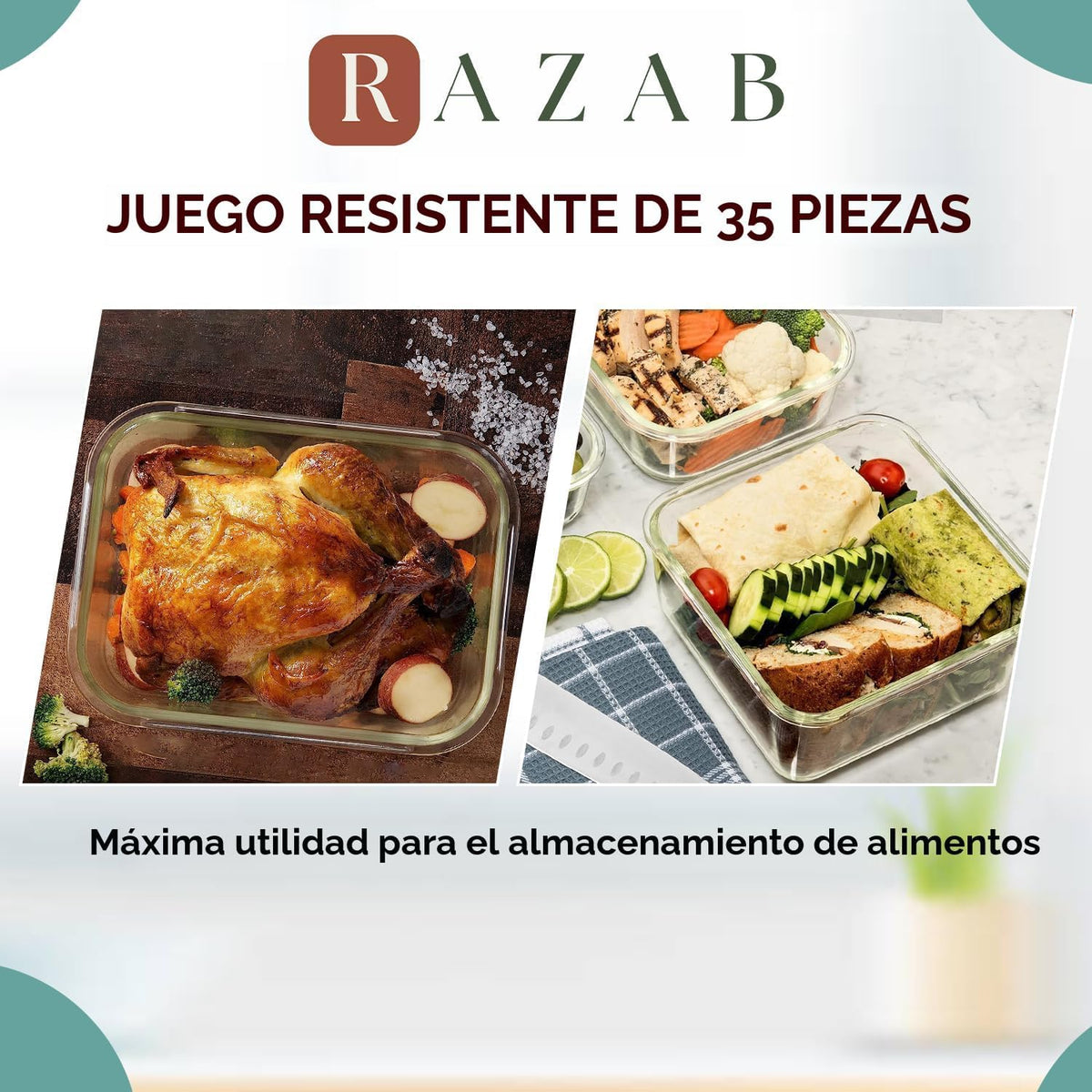 Razab Juego de 35 recipientes de vidrio para almacenamiento de alimentos con tapas, cajas Bento herméticas para preparación de comidas, sin BPA, 100% a prueba de fugas (15 tapas, 15 vasos y 5