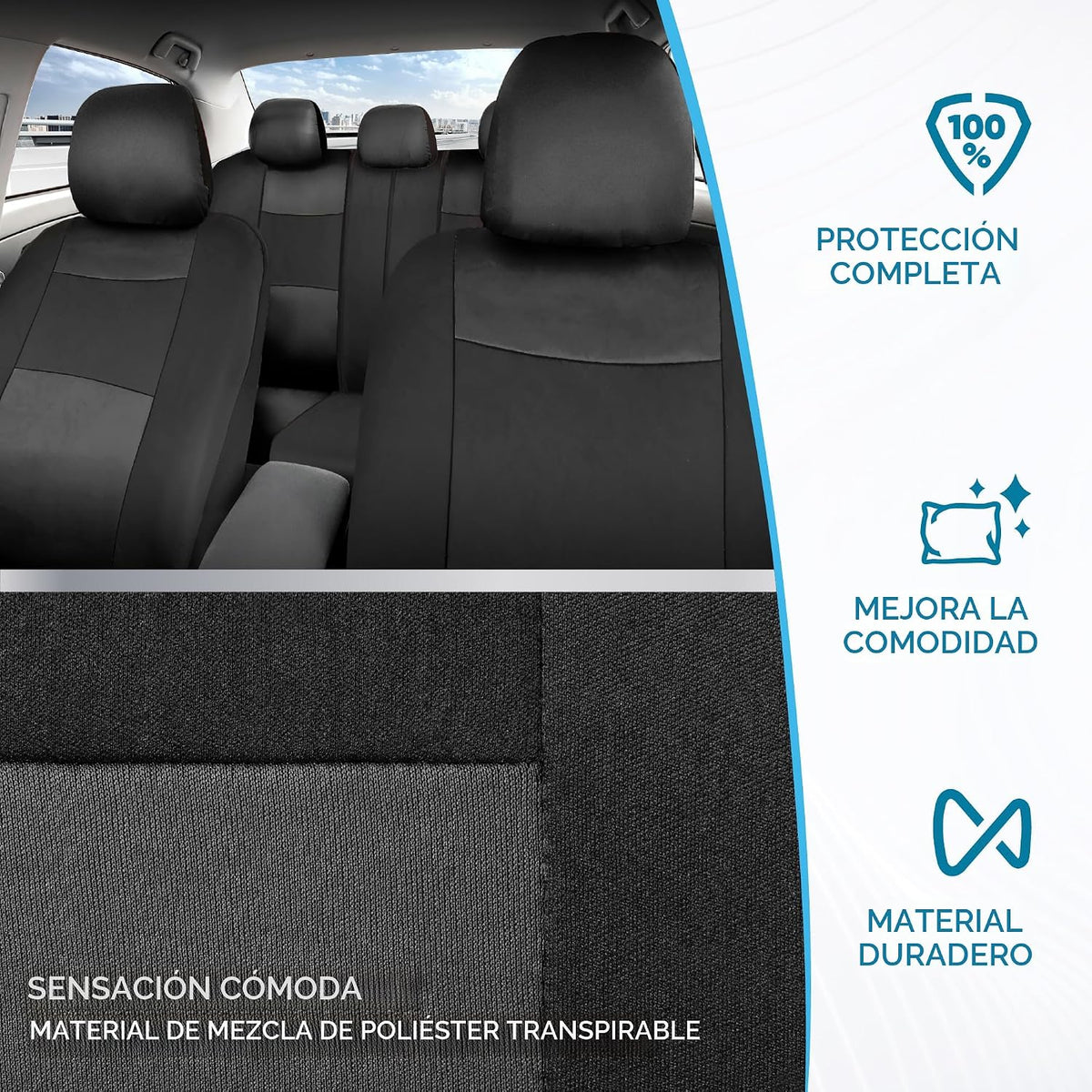 BDK PolyPro - Juego completo de fundas de asiento de automóvil en carbón sobre negro, banco dividido delantero y trasero para automóviles, juego de fundas fáciles de instalar, accesorios para