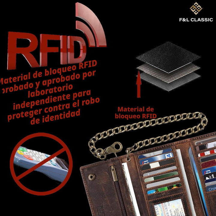 F&amp;L CLASSIC RFID bloqueo para hombre triple estilo largo cuero...
