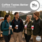 Copco Acadia Taza de viaje (paquete de 4), taza de café aislada de 16 onzas con plástico de doble pared, tapa a prueba de fugas, apta para microondas y lavavajillas, funda antideslizante, bebidas