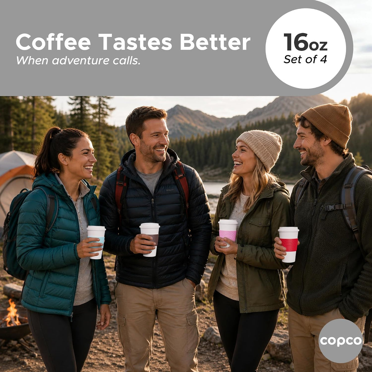 Copco Acadia Taza de viaje (paquete de 4), taza de café aislada de 16 onzas con plástico de doble pared, tapa a prueba de fugas, apta para microondas y lavavajillas, funda antideslizante, bebidas