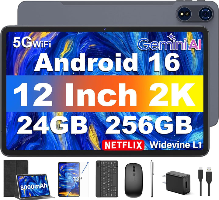 Tableta de 12 pulgadas con teclado, tableta Android 16 con Gemini A...
