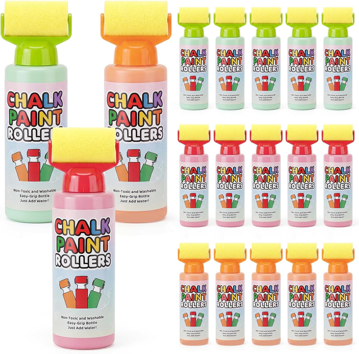 Juego de 18 piezas de pintura en polvo lavables para acera, pintura en polvo, rodillos de pintura de agua, 3 colores, juguete de arte para exteriores, para entrada, acera, pizarra (rojo, verde
