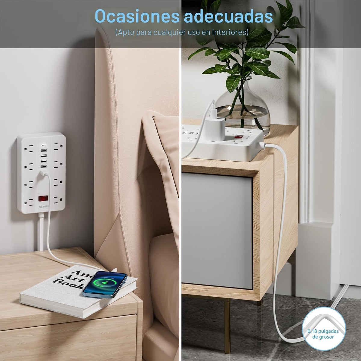 Regleta con USB, HUNIAN Cable de Extensión con Enchufe Plano, 5Ft, Blanco