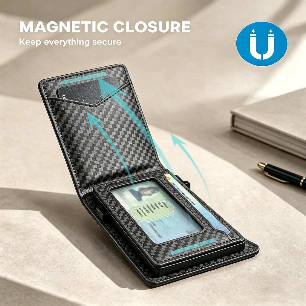 Cartera para hombre, con funda de metal, inteligente, delgada, con cierre magnético, 14-16 tarjetas, billetera triple de cuero con bloqueo RFID, bolsillo frontal