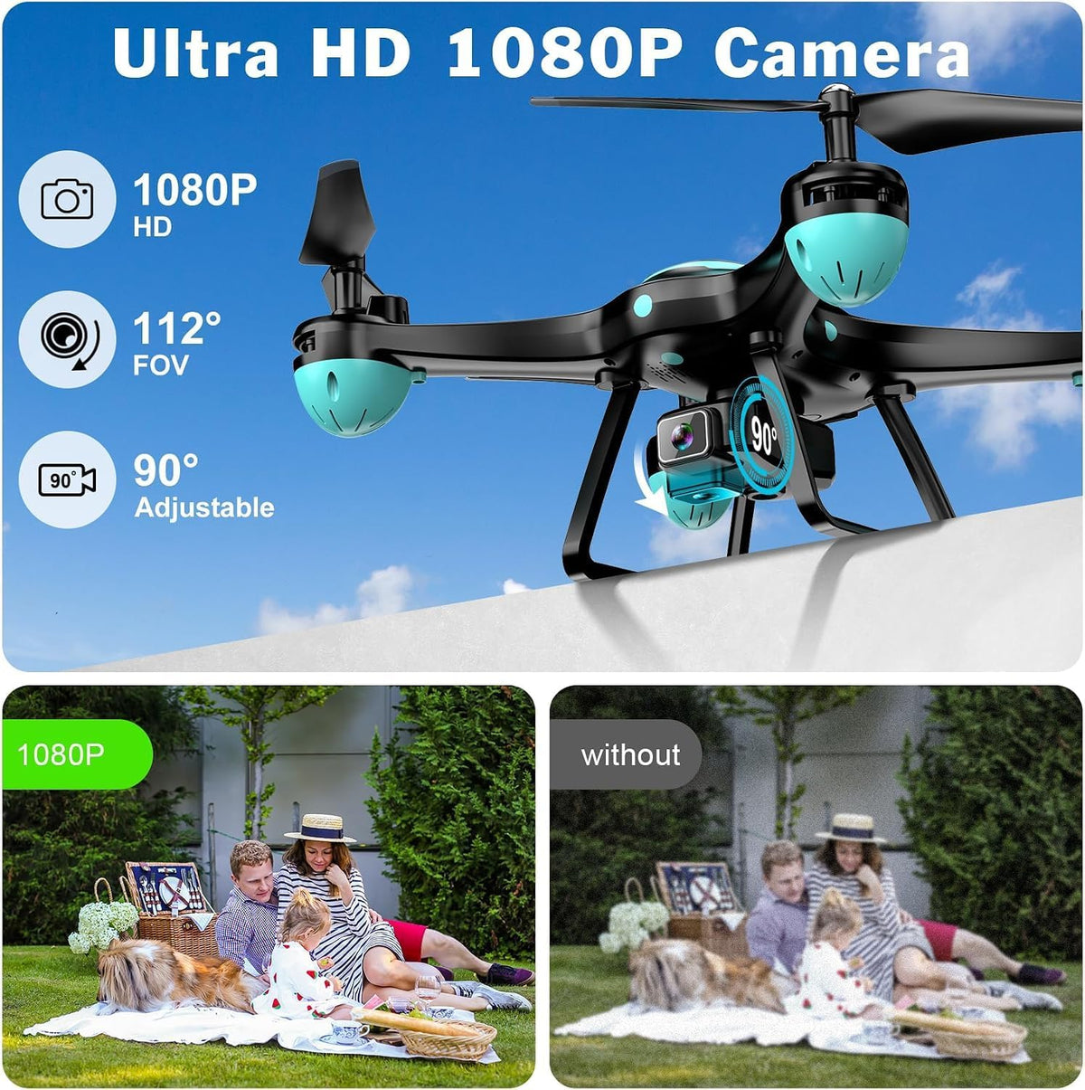Drone con cámara 1080P, cuadricóptero de control remoto con selfie gestual, retención de altitud, inicio de una tecla, giros 3D, 2 baterías, negro