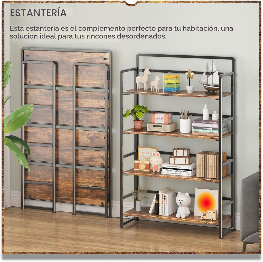 Estantería plegable extra ancha de 4 niveles sin montaje, estantes de almacenamiento vintage para dormitorio, sala de estar, oficina en casa