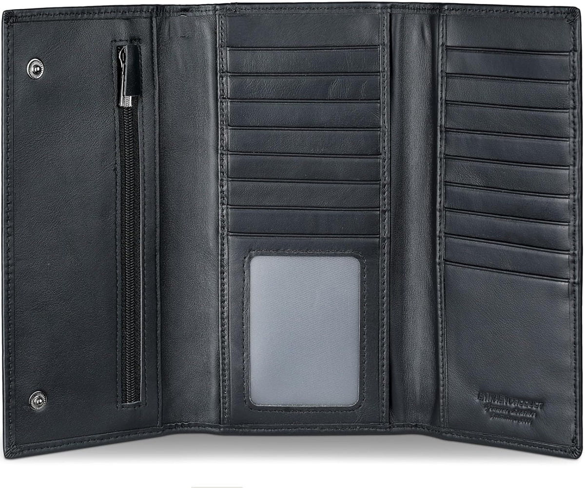 Cartera larga triple para hombres, Rfid Cartera de cuero genuino para chequera y tarjetas