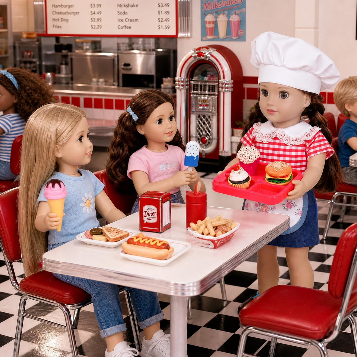 Juego de ropa y accesorios de comida para muñecas de chef