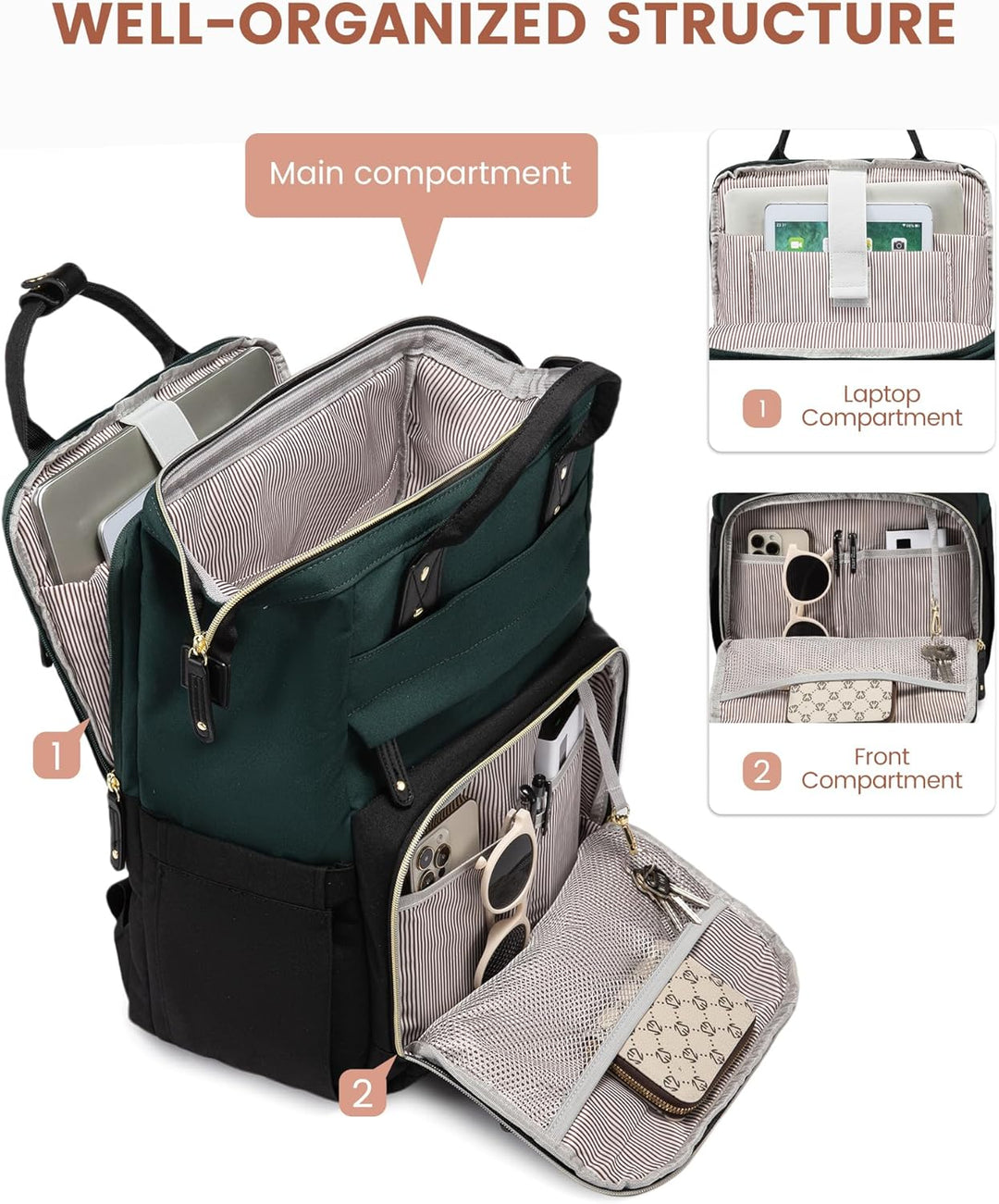 LOVEVOOK Mochila para laptop para mujer, Verde Oscuro Negro, Elegan...