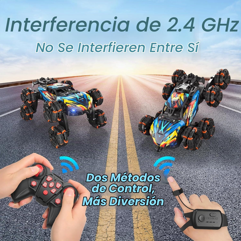8WD - Coche de acrobacias de carretera con detección de gestos, autos de control remoto con luz LED, música y aerosol, juguetes de automóvil a control remoto de deriva regalos para niños y niñas de 6 a 12 años