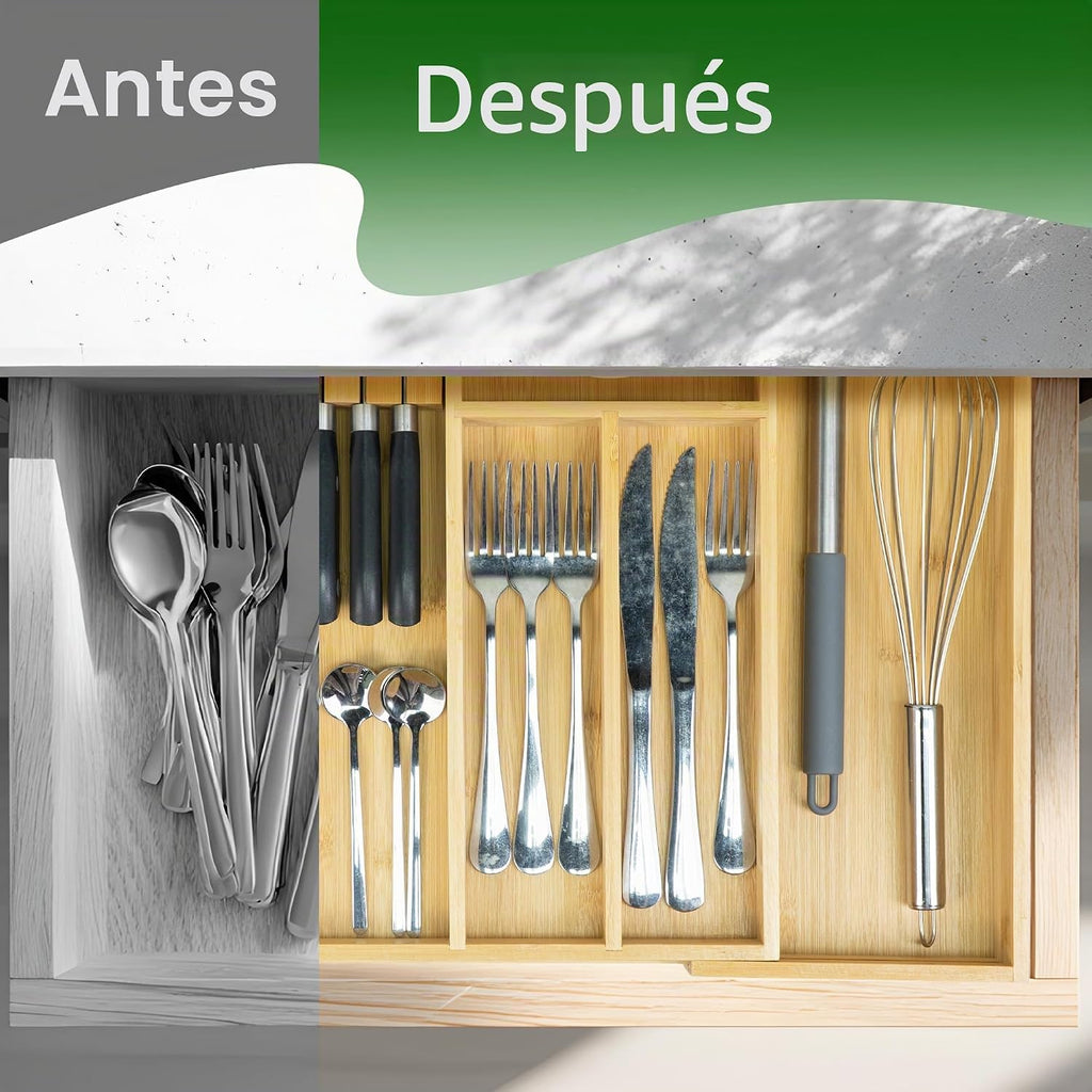 VaeFae Organizador de cajones de cubiertos de bambú, 6 ranuras, natural
