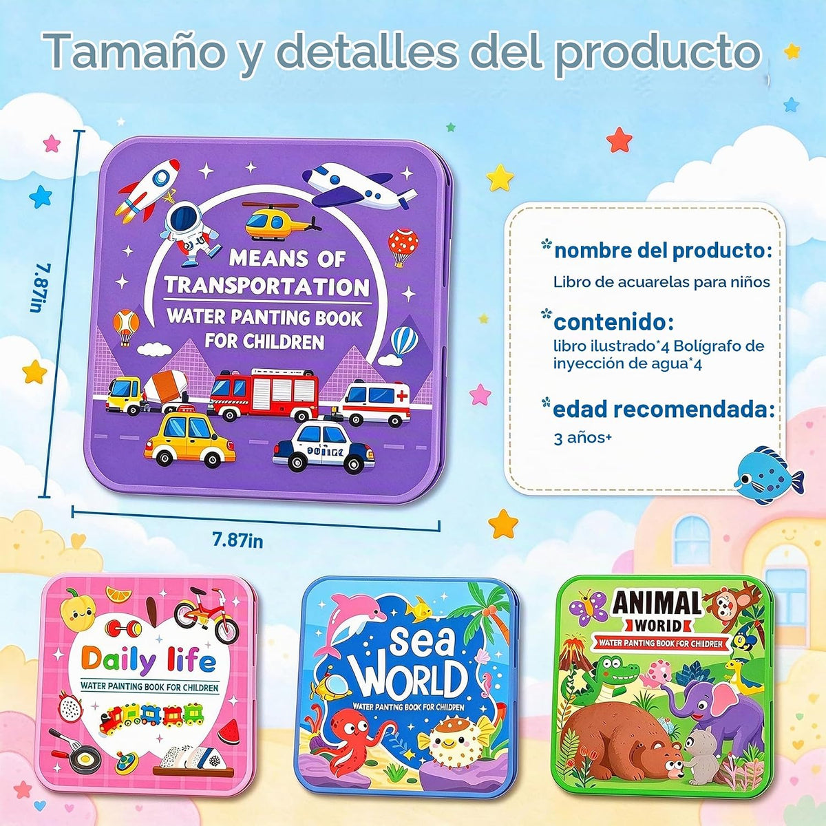 Libros mágicos para colorear al agua, paquete de 4 libros de pintura al