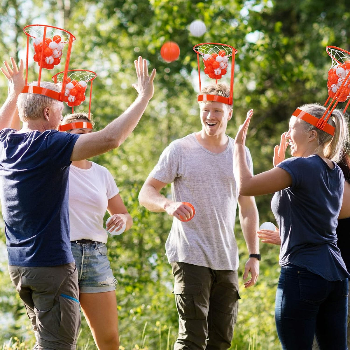 Juego de Baloncesto de Aro de Cabeza para Fiesta de Partido de Carnaval para Niños y Adultos, Portátil Ajustable, con Banda para la Cabeza y Red de Canasta, Incluye Pelotas, para Cumpleaños, Carnaval