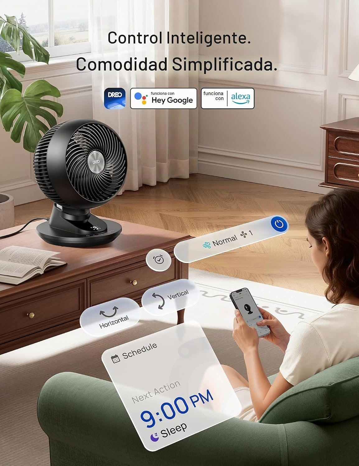 DREO Ventilador inteligente para dormitorio, potente flujo de aire...