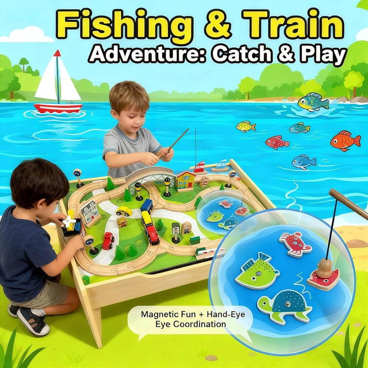 Juego de tren de madera y mesa con base de bloque de