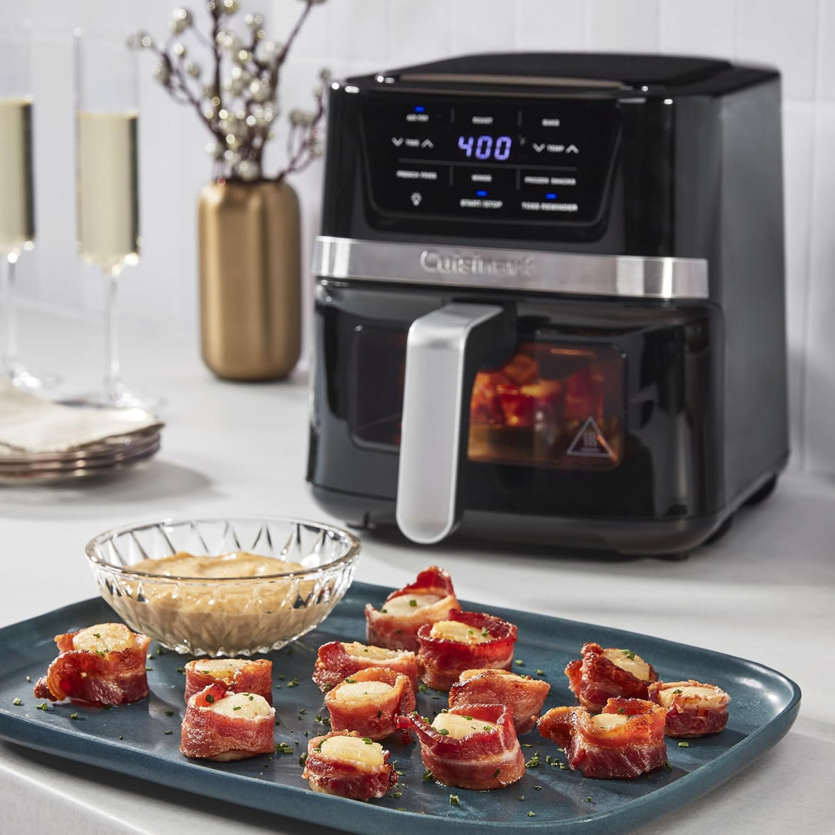 Cuisinart Freidora de aire, freidora compacta de 2.6 cuartos de galón con 3 funciones de cocción para freír al aire, asar y hornear, 3 ajustes preestablecidos para freidora de aire, piezas aptas para lavavajillas, AIR-80, acero inoxidable y negro