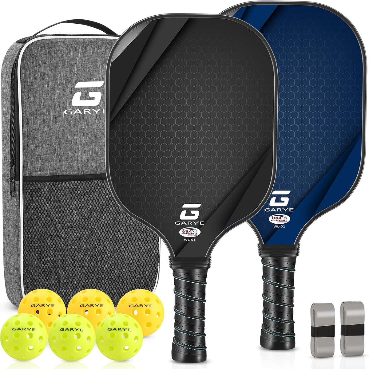 GARYE Juego de 2/4 palas de pickleball aprobadas por USAPA, juego de pickleball de fibra de carbono, raquetas ligeras de pickleball, paquete de 2/4 con 6 bolas, 1 bolsa, par de cintas de agarre