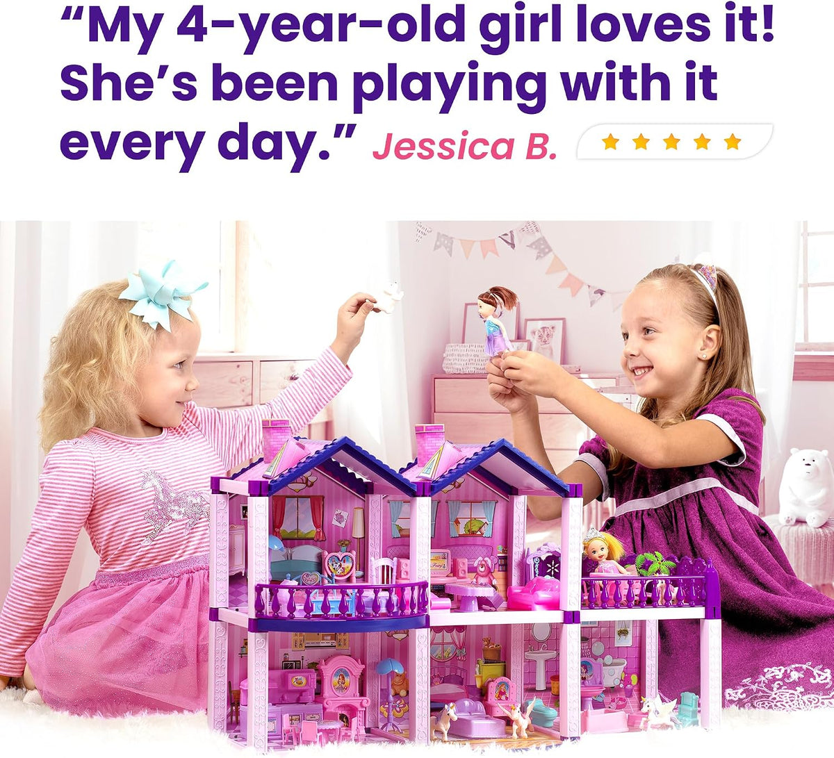 Casa de muñecas con 2 princesas, 4 unicornios, perro, muebles y accesorios – Casa de muñecas de ensueño rosa y morado juguete para niñas pequeñas – 5 habitaciones con jardín, muebles y accesorios