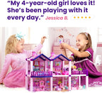 Casa de muñecas con 4 princesas, 4 unicornios, perro, muebles y accesorios – Casa de muñecas de ensueño rosa y morado juguete para niñas pequeñas – 5 habitaciones con jardín, muebles y accesorios