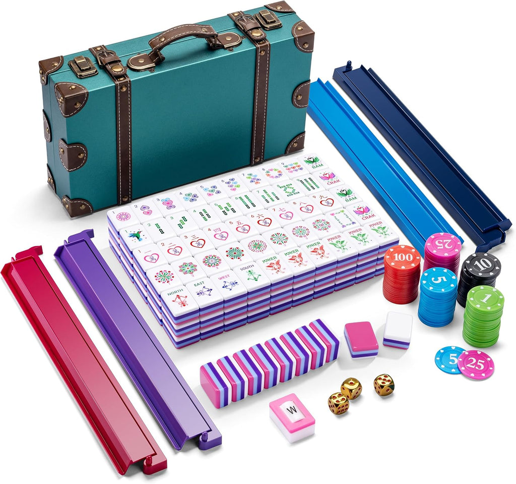American Love Pink Mahjong Set - 160 azulejos acrílicos de alta calidad, diseño de corazón de 4 capas, 4 estantes y empujadores todo en uno, 100 fichas, 3 dados dorados