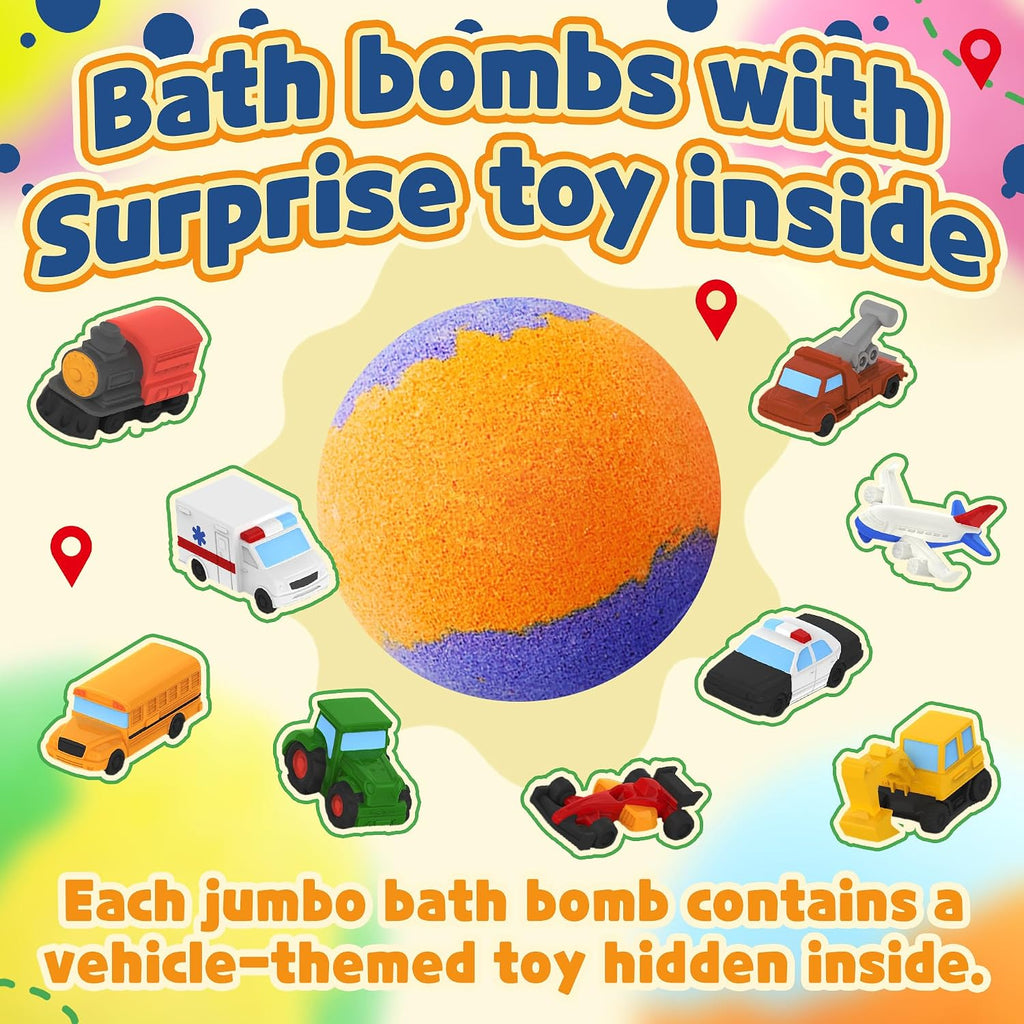 Bombas de baño para niños con juguetes de vehículos en el interior, paquete de 16 gases de baño sorpresa, bombas de baño de burbujas orgánicas para niñas y niños a partir de 3 años, 8 aromas